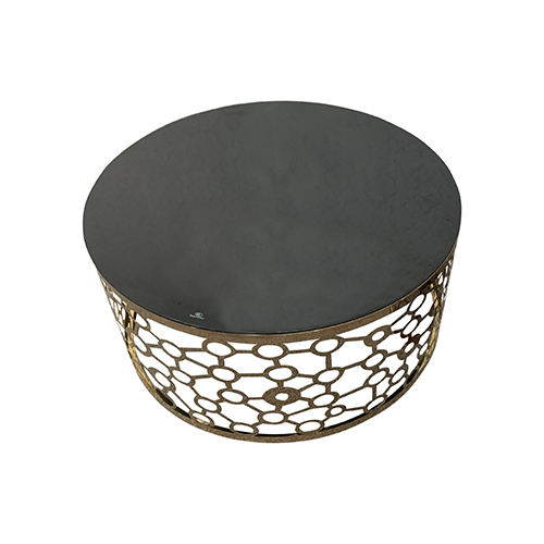 Coffee Table Black Tempered Glass Metal Manipulated Detail Design Round Shape Rose Gold Stainless Electroplating Nova  